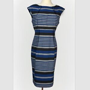 (4) CALVIN KLEIN Midi Cup Sleeve Outside Pleats Horizontal Striped Sheath Dress